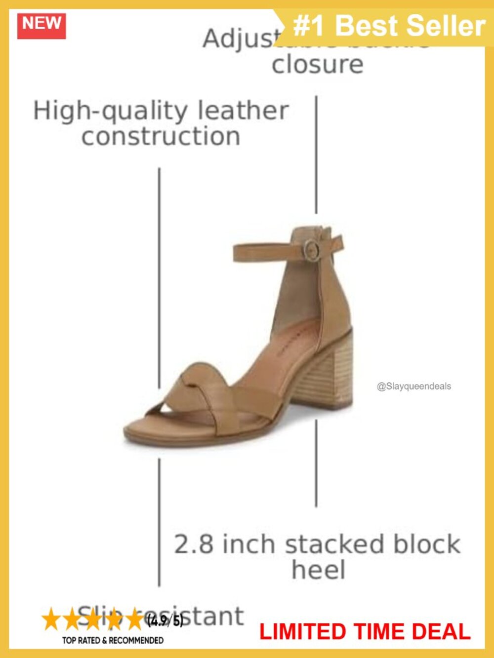 Leather Ankle Strap Block Heel Sandals Open Toe Adjustable Buckle - Picture 2 of 6